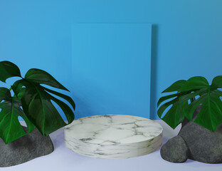 Blue Product Display 3D Marble Podium with Nature Minimal Background - 557173790