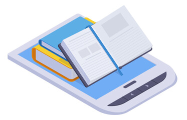 Isometric online books. Modern library, online literature and audio books, educational literature concept flat vector illustration on white background