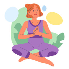 Meditating woman in lotus pose. Mindful, relaxing yoga meditation, female person breath and balance training flat vector illustration on white background