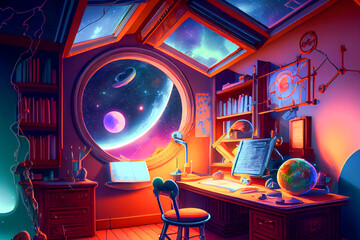 Fantasy astronomer workplace, ai illustration