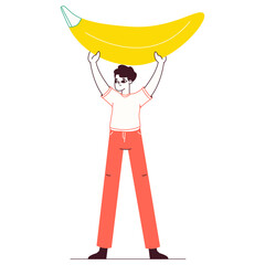 Tiny man carrying banana. Male character with vegetarian healthy food, guy holding huge yellow banana flat vector illustration on white background
