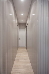 Narrow hallway decorated with wooden slats and lacquered.