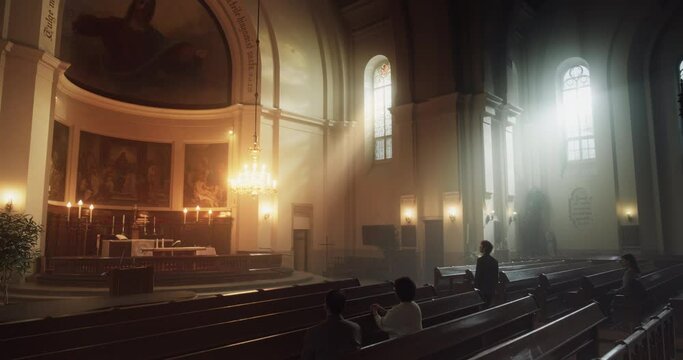 Group Of Faithful Parishioners In Grand Old Church. Congregation of Christians Seeking Comfort In Faith And Religious Beliefs. Sitting Piously, Praying In Reverence, Seeking Guidance in God. Wide Shot