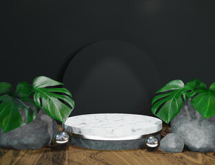 Black Minimal Product Display 3D Marble Podium with Nature Minimal Background - 557174929