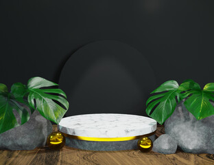 Black Minimal Product Display 3D Marble Podium with Nature Minimal Background - 557174930