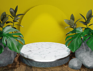 Yellow Product Display 3D Marble Podium with Nature Minimal Background - 557174983