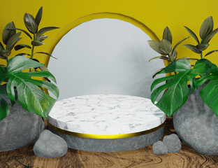 Yellow Product Display 3D Marble Podium with Nature Minimal Background - 557175102