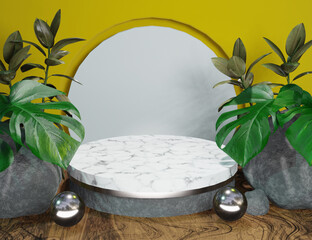 Yellow Product Display 3D Marble Podium with Nature Minimal Background - 557175144