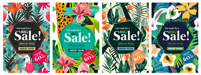Set of sale banner with exotic jungle plant, tropical exotic palm leaves. Discount design background with tropical palm leaves. Nature wallpaper poster.