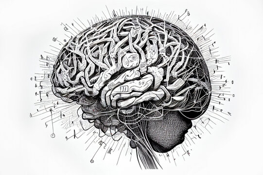 Human brain, ai illustration in hand drawing style