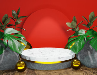 Red Product Display 3D Marble Podium with Nature Minimal Background - 557175334