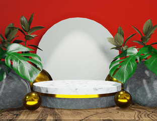 Red Product Display 3D Marble Podium with Nature Minimal Background - 557175370