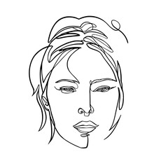 A woman face drawing, continuous line vector