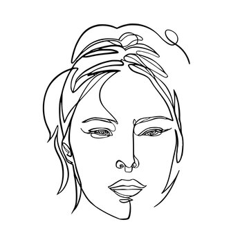 A woman face drawing, continuous line vector
