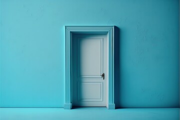 Closed Wooden Door On Blue Wall Pastel Colors Generative AI