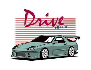 cute 90s car vector illustration with striped background and text in blue and pink coloring