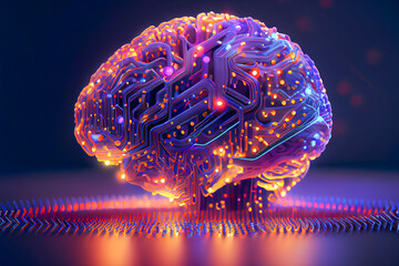 Concept of artificial intelligence. Human brain connected to electronic microcircuit, ai illustration