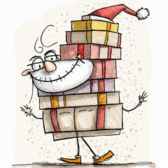 Santa Claus with tons of gifts to distribute, represented in a simple and naive illustration. An appropriate image to express the feeling of giving and sharing.