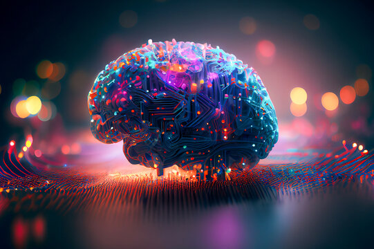 Concept of artificial intelligence. Human brain connected to electronic microcircuit, ai illustration
