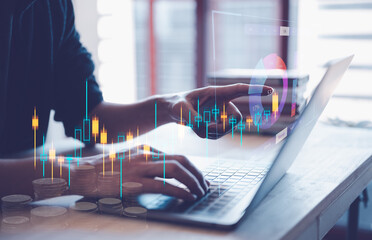 Analyst working with Business Analytics and Data Management System on computer, make a report with KPI and metrics connected to database. Corporate strategy for finance, operations, sales, marketing.