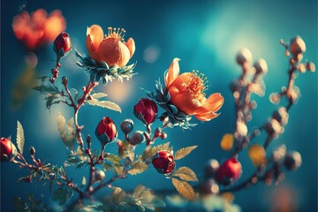 Obraz na płótnie Canvas Beautiful spring border, blooming rose bush on a blue background. Flowering rose Generative AI