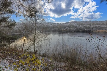 View of the ice surface of the draught frozen lake Oberwaldsee during the day