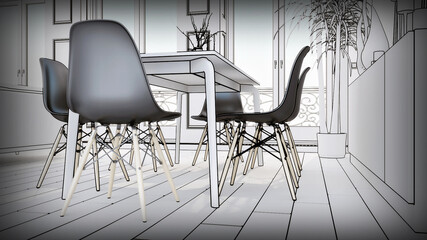 Minimalist elegant dining room close up scene, 3d interior rendering, Scandanivian dining table and chairs, sketch drawing effect, interior design concept.