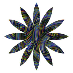 Vector of blue and yellow toned lines intertwined in an abstract background and then cut into a flower shape 