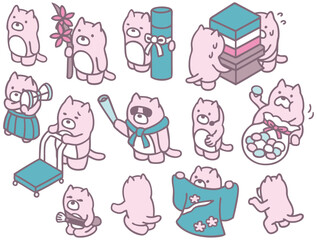 猫　キャラクター素材　雛祭りのイメージ　菱餅　ひなあられ