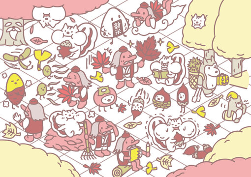 11月のイメージ　紅葉狩り　リス　天狗　どんぐり