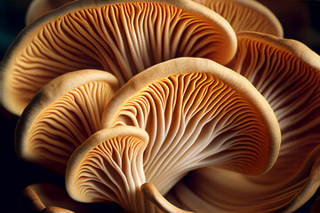 Mushroom oyster background. Spectacular mushrooms close up on a black background. Ai generated image illustration