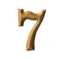 Wooden digit font of number seven with textured wooden