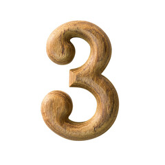 Wooden digit font of number three with textured wooden