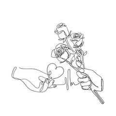 continuous line drawing hands holding rose and love illustration