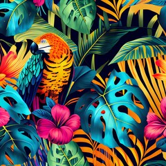 Tropical Pattern with plants and birds. Generative AI