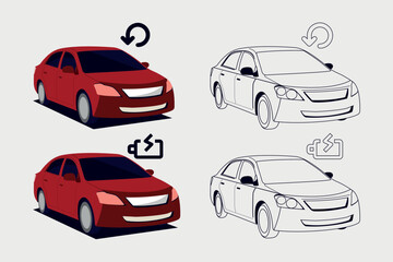 Different types of car icon set. side view of sedan car. location and key icon.
