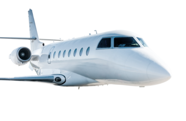 White modern luxury business jet flies isolated on transparent background
