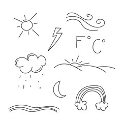 Weather doodle set. Hand drawn doodle illustration. Contains sign of the sun, clouds, wind moon, lightning and more isolated on white background.