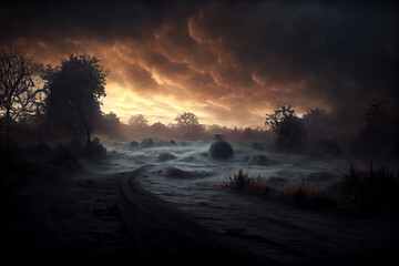Creepy, frozen nature with mist and muddy path. Halloween festival concept.