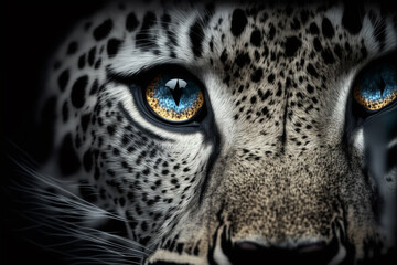 Close up on a snow leopard eyes on black - obrazy, fototapety, plakaty