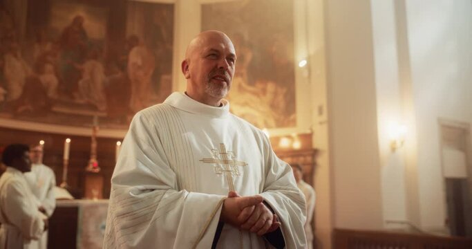 In Grand Old Church Minister Leads The Holy Communion Ceremony, Guiding Christian Congregation Through Eucharist, Sharing Wisdom and Guidance of the Bible, Offers Support And Delivers Hope to People
