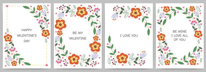 Fototapeta na wymiar Happy Valentine's Day greeting card set, wedding invitations, declaration of love. Rectangular patterns with flowers. Vector illustration isolated on white background.