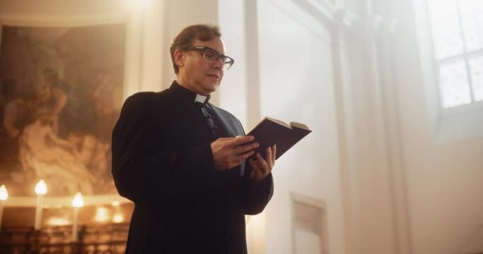 In Christian Church: The Minister Leads The Congregation In Prayer and Reads From The Holy Book, The Bible, Gospel of Jesus. Portrait of Priest Providing Guidance, Belief, Hope, Solace to People