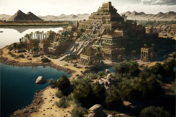 A coastal town found in babylon, persia, with a luxurious jungle and vegetation.