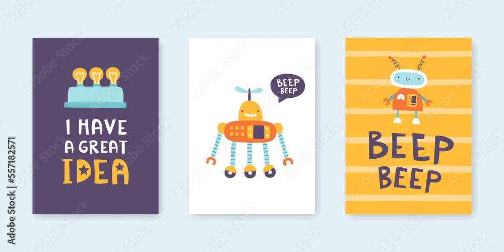 Canvas Prints prints set with cute robots for kids. poster collection for nursery with doodle colorful robots. sil