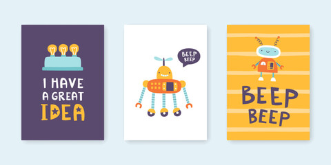Prints set with cute robots for kids. Poster collection for nursery with doodle colorful robots. Silly vector robots.