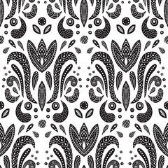 Floral seamless pattern in scandinavian style. Decoration background linocut design. Black and white modern nordic illustration - 557182706
