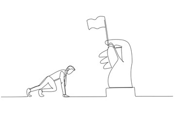 Cartoon of businessman ready to race on position waiting for flag. One line art style