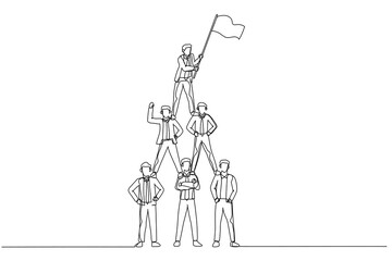 Drawing of businessman make pyramid and lead by business leader with flag. Continuous line art - obrazy, fototapety, plakaty