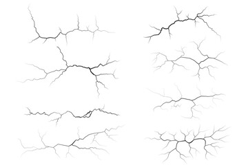Cracks collection on wall, earth or stone. Scratches lines on surfaces. Lightning and thunderstorm vector illustrations. Fissure on ground and ice. Graphic explosions textures with holes.